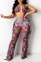 Purple Fashion Sexy Print Backless Strap Design Halter Sleeveless Two Pieces