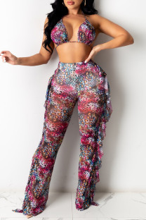 Purple Fashion Sexy Print Backless Strap Design Halter Sleeveless Two Pieces