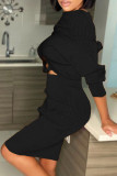 Black Sexy Solid Patchwork Bateau Neck Long Sleeve Two Pieces