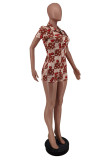 Coffee Fashion Casual Print Basic Turndown Collar Skinny Romper