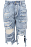 Blue Denim Zipper Fly Button Fly High washing Hole Zippered Pocket Straight Capris Shorts
