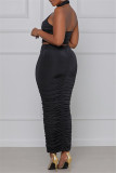 Silver Sexy Solid Hollowed Out Backless Fold Halter Sleeveless Two Pieces
