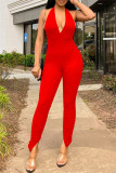 Black Sexy Casual Solid Backless Halter Skinny Jumpsuits
