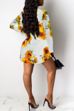 White Casual Print Patchwork Turndown Collar Shirt Dress Dresses