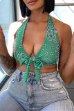 Red Fashion Sexy Print Bandage Backless Halter Tops