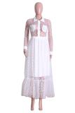 White Fashion Sexy Cap Sleeve Long Sleeves Turndown Collar Pleated Ankle-Length lace Polka Dot p