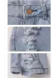 Baby Blue Sexy Solid Ripped High Waist Skinny Denim