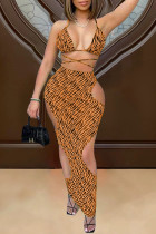 Orange Fashion Sexy Print Hollowed Out Backless Swimwears Three-piece Set