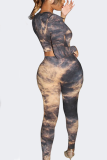 Black Casual Print Tie-dye O Neck Long Sleeve Two Pieces