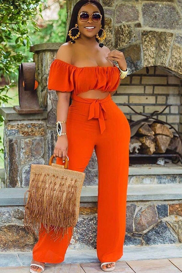 Orange Fashion Casual Hollow Solid Short Sleeve one word collar Jumpsuits