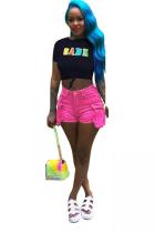 rose red Denim Button Fly Zipper Fly Mid Solid Straight shorts Shorts