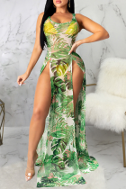 Green Sexy Print High Opening Square Collar Irregular Dress Dresses