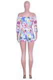 White Sexy Fashion ruffle Print Two Piece Suits asymmetrical Floral crop top Regular Three Quart
