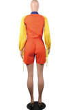 Red Drawstring Long Sleeve Mid Print Patchwork Loose shorts