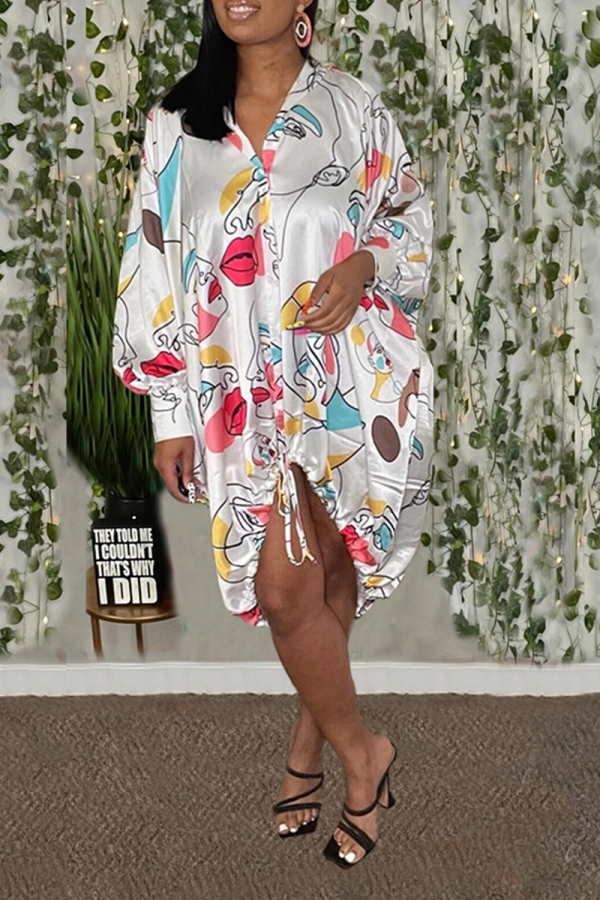 White Sexy Print Patchwork V Neck Straight Dresses