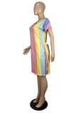 Rainbow Color Fashion Casual Striped Print Basic V Neck Short Sleeve Dress