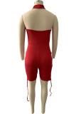 Red Sexy Solid Hollowed Out Backless Halter Skinny Romper