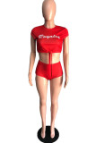 Red Casual Letter Print Solid Bandage Straight Short Sleeve Two Pieces