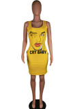 White Sexy White Green Pink Yellow Spaghetti Strap Sleeveless Slip Sheath Knee-Length Print Dresses