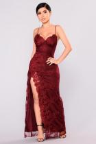Wine Red Fashion adult Sexy Spaghetti Strap Sleeveless V Neck Slim Dress Ankle-Length Patchwork spl