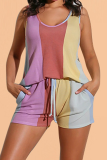 Stripe Casual Color Block Patchwork O Neck Sleeveless Two Pieces