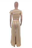 Blue White Fashion Casual Striped Print Basic O Neck Short Sleeve Two Pieces
