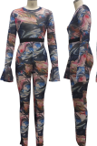 Blue Sexy Print Mesh Half A Turtleneck Long Sleeve Two Pieces