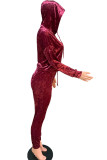 Wine Red Fashion British Style Adult Pleuche Solid Hooded Collar Long Sleeve Cap Sleeve Regular Two Pieces