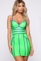 Fluorescent green Sexy Spaghetti Strap Sleeveless V Neck Step Skirt skirt Colouring Patchwork Solid