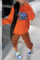 Orange Fashion Skull Head Plaid Print Draw String Hooded Collar Long Sleeve Cap Sleeve Regular Two Pieces