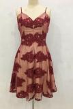 Red Sexy Fashion Spaghetti Strap Sleeveless Slip A-Line Knee-Length backless Patchwork Print