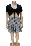 Black Sexy Plaid Print Patchwork Frenulum V Neck A Line Plus Size Two Pieces