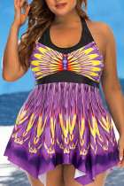 Purple Sexy Print Patchwork Halter A Line Plus Size Swimwear