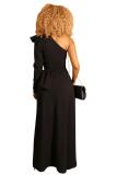 Black One Shoulder Collar Long Sleeve Solid Draped asymmetrical