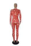 Red Living Print V Neck Skinny Jumpsuits