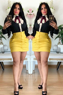Black Turndown Collar Long Sleeve Solid bow-knot Patchwork Slim fit Blouses & Shirts
