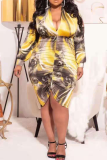 Yellow Sexy Print Hollowed Out V Neck Pencil Skirt Plus Size Dresses