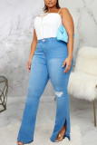 Gray Blue Sexy Solid Ripped Slit Mid Waist Regular Denim