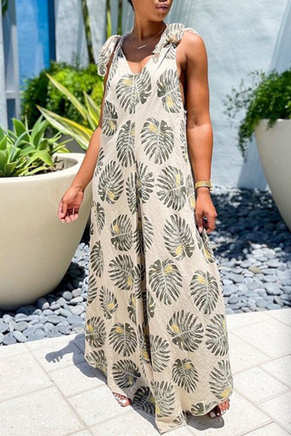 Beige Casual Print Bandage V Neck Sleeveless Loose Jumpsuits