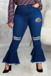 Dark Blue Sexy Solid Ripped Plus Size 