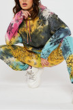 Blue Sportswear Spandex Blends Print Draw String Tie-dye Hooded Collar Long Sleeve Regular Sleeve Regular Two Pieces