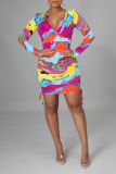 Colour Sexy Print Patchwork V Neck Pencil Skirt Dresses
