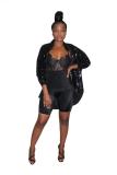 Black Notched Sequin Patchwork Solid Pure Long Sleeve Blazer & Suits &Jacket