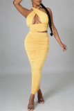 Silver Sexy Solid Hollowed Out Backless Fold Halter Sleeveless Two Pieces