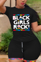 Black Fashion Active adult Ma'am O Neck Print Two Piece Suits Stitching Plus Size