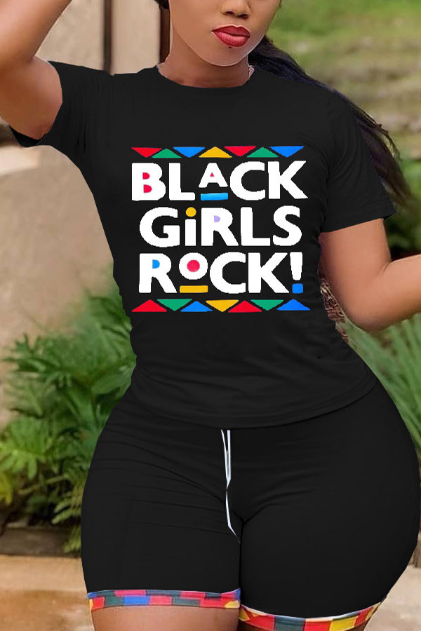Black Fashion Active adult Ma'am O Neck Print Two Piece Suits Stitching Plus Size