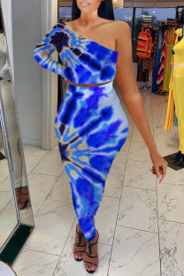Royal Blue Sexy Patchwork Tie-dye One Shoulder Long Sleeve Two Pieces