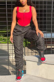 Green Elastic Fly Sleeveless Mid Patchwork Draped Solid Straight Pants