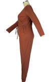 Brown Casual Twilled Satin Solid V Neck Plus Size 