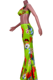 Mint green Sexy Print Patchwork V Neck Sleeveless Two Pieces